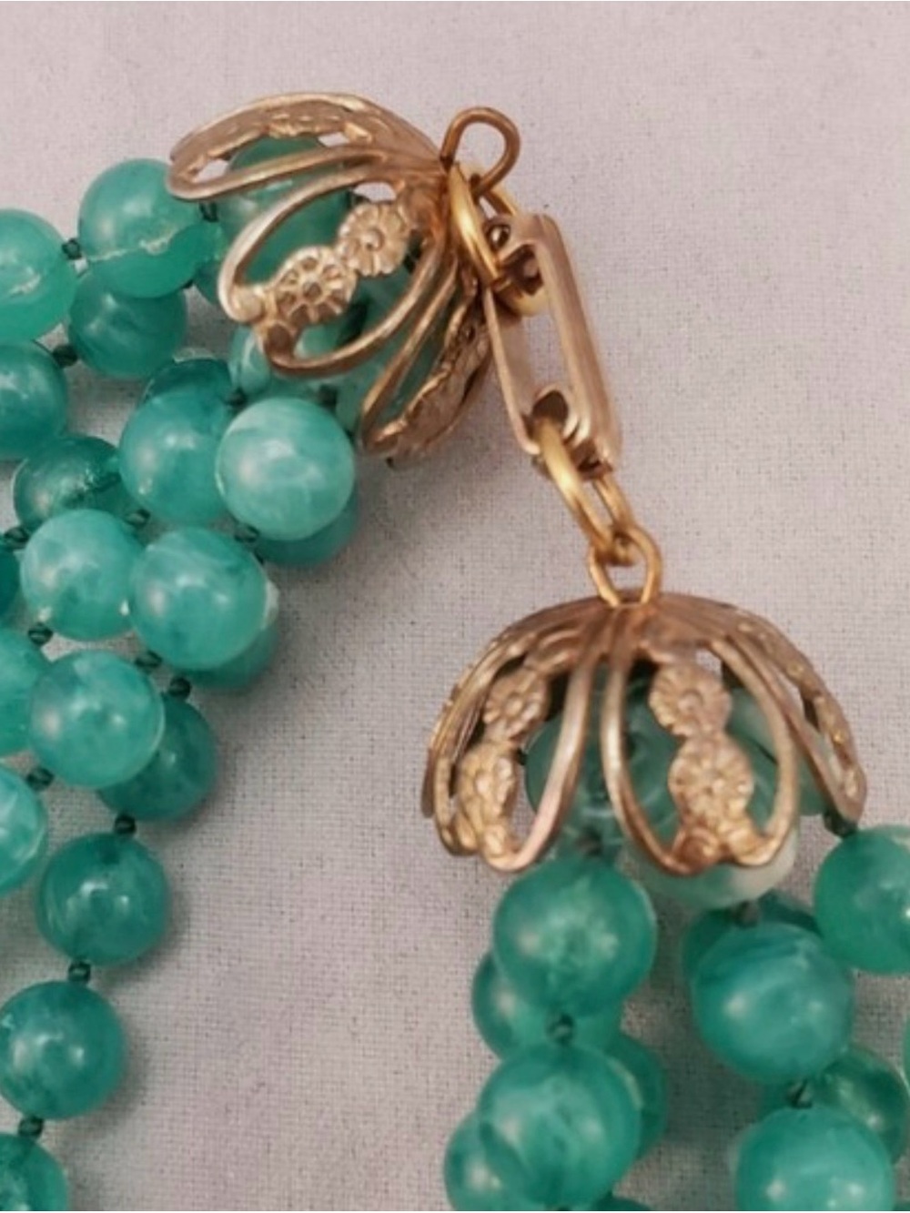 Vintage Faux Jade Multi Strand Bead Necklace with Gold Filigree Caps 26 inch
